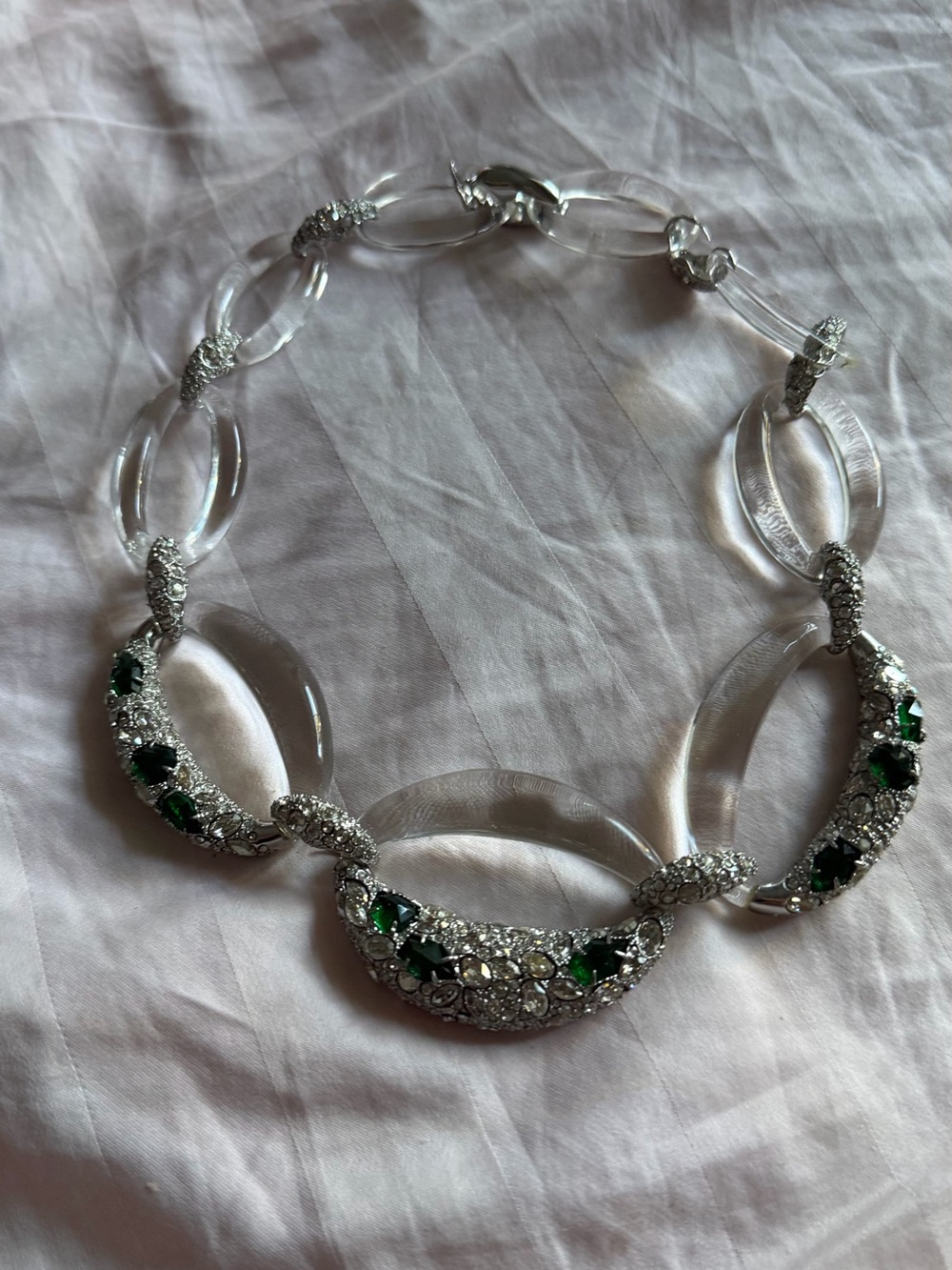 Alexis Bittar clear Lucite and Green Crystal Statement Neclace